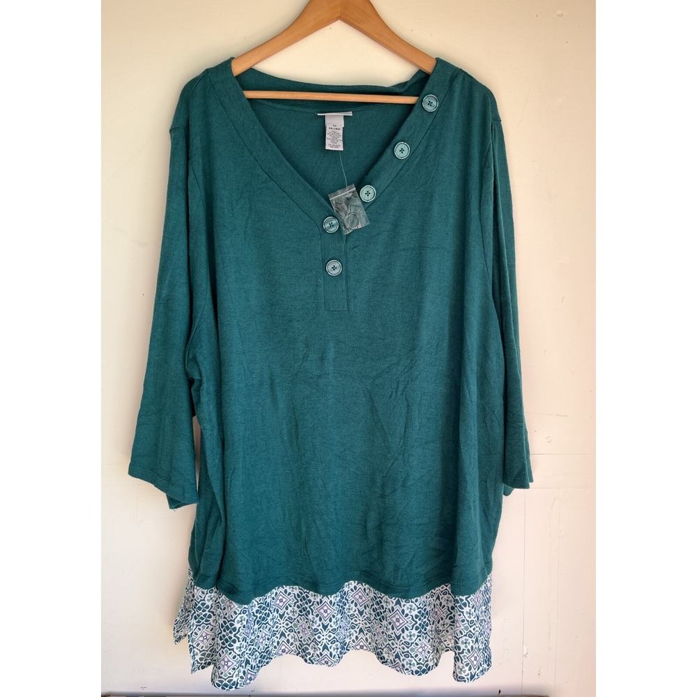 CATHERINES Green V Neck Button 3/4 Sleeve Multicolor Sheer Loose Top 3X Holiday